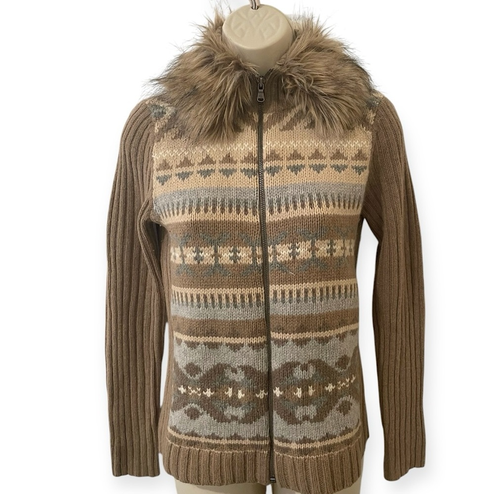 Lauren Ralph Lauren womens fair isle chunky knit faux fur collar petite full zip